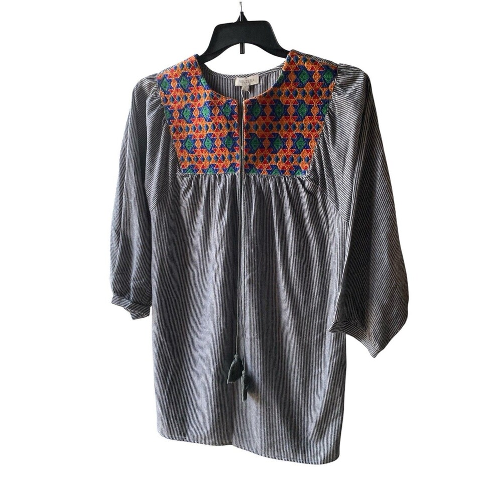 NWT Women's Blue Embroidered Cotton Tunic by Velzera, Sz: Large Fiesta